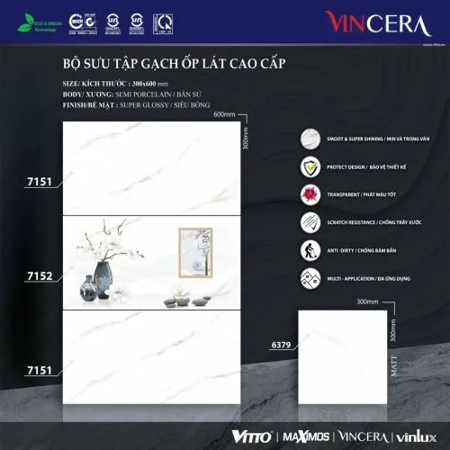 Bộ gạch ốp tường Vincera 30x60 mã 7151 – 7152 – 6379